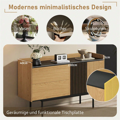 Moderne Minimalistische Sideboard mit 2 Schubladen und verstellbarem Regal, ideal für Wohnzimmer und Esszimmer (Naturholz+Schwarz)
