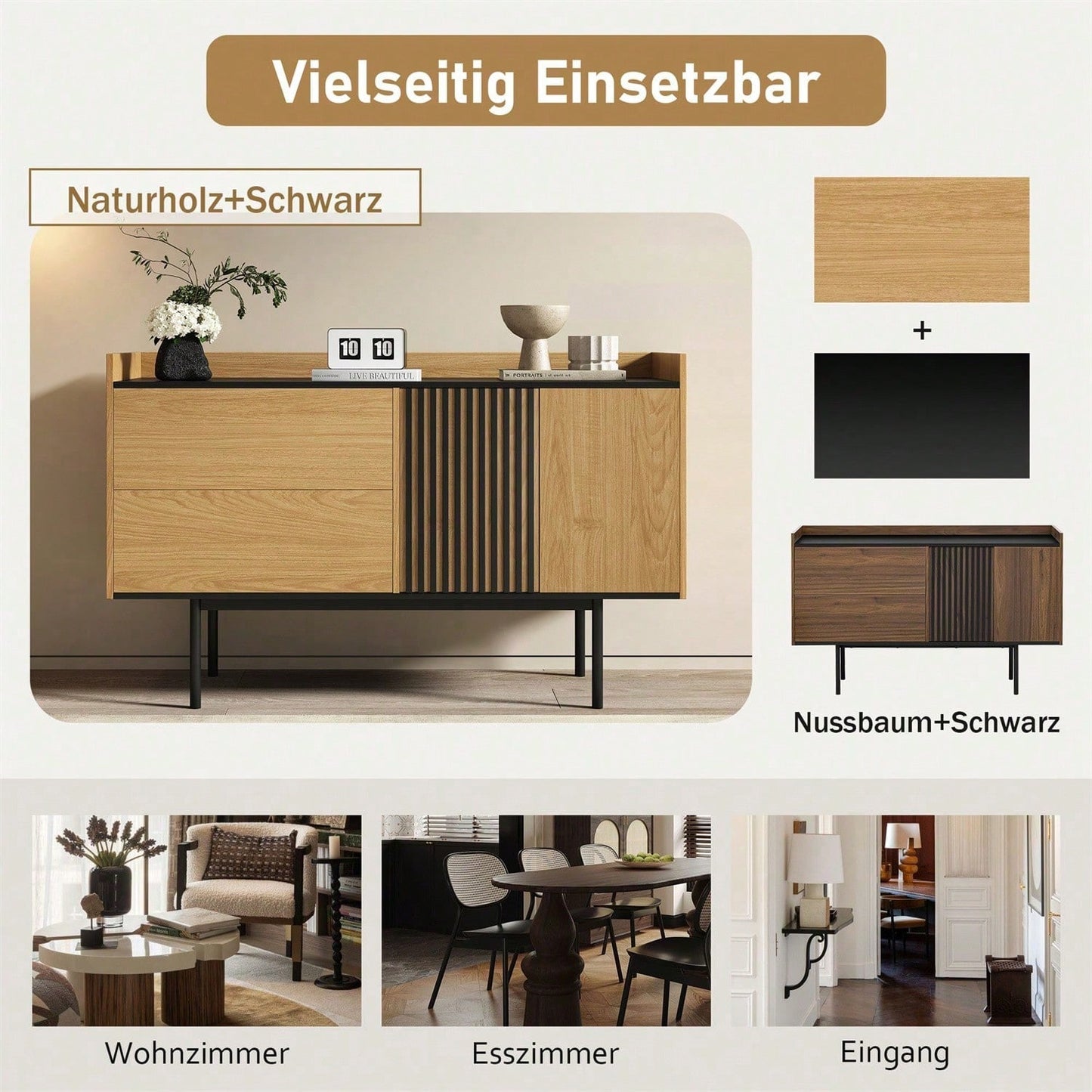 Moderne Minimalistische Sideboard mit 2 Schubladen und verstellbarem Regal, ideal für Wohnzimmer und Esszimmer (Naturholz+Schwarz)