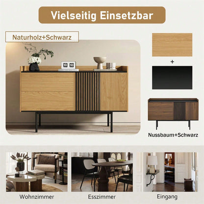 Moderne Minimalistische Sideboard mit 2 Schubladen und verstellbarem Regal, ideal für Wohnzimmer und Esszimmer (Naturholz+Schwarz)