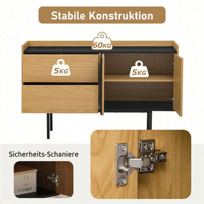 Moderne Minimalistische Sideboard mit 2 Schubladen und verstellbarem Regal, ideal für Wohnzimmer und Esszimmer (Naturholz+Schwarz)