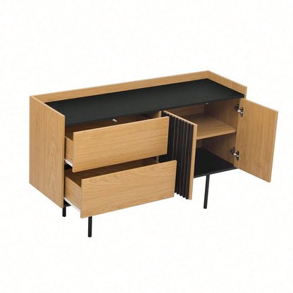 Moderne Minimalistische Sideboard mit 2 Schubladen und verstellbarem Regal, ideal für Wohnzimmer und Esszimmer (Naturholz+Schwarz)