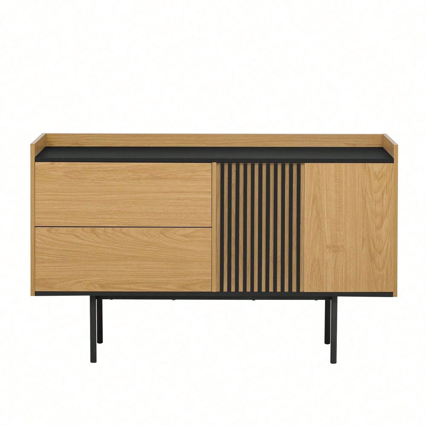 Moderne Minimalistische Sideboard mit 2 Schubladen und verstellbarem Regal, ideal für Wohnzimmer und Esszimmer (Naturholz+Schwarz)
