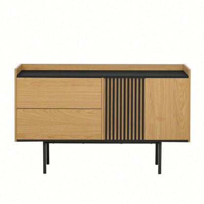 Moderne Minimalistische Sideboard mit 2 Schubladen und verstellbarem Regal, ideal für Wohnzimmer und Esszimmer (Naturholz+Schwarz)