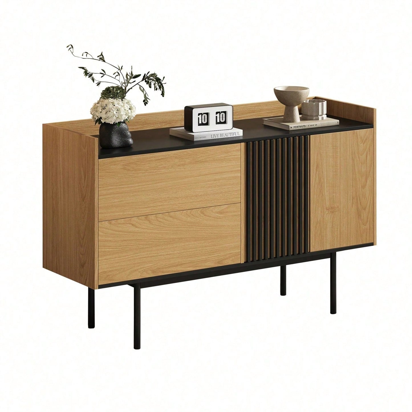 Moderne Minimalistische Sideboard mit 2 Schubladen und verstellbarem Regal, ideal für Wohnzimmer und Esszimmer (Naturholz+Schwarz)