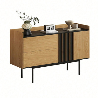 Moderne Minimalistische Sideboard mit 2 Schubladen und verstellbarem Regal, ideal für Wohnzimmer und Esszimmer (Naturholz+Schwarz)