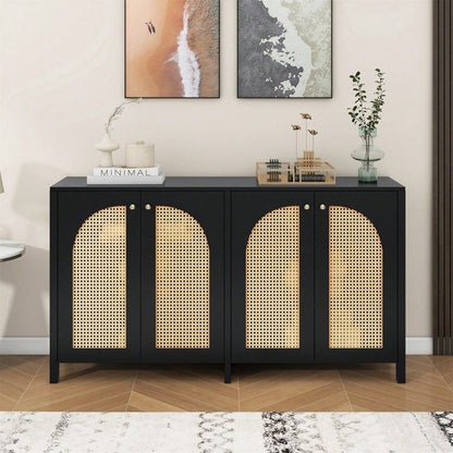 Modernes Sideboard im minimalistischen Stil 4-Rattantür, Metallgriff einfaches Buffetschrank für Esszimmer, Wohnzimmer, Küche (Naturholz)