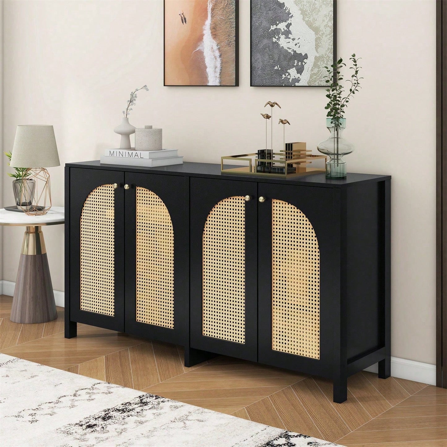 Modernes Sideboard im minimalistischen Stil 4-Rattantür, Metallgriff einfaches Buffetschrank für Esszimmer, Wohnzimmer, Küche (Naturholz)