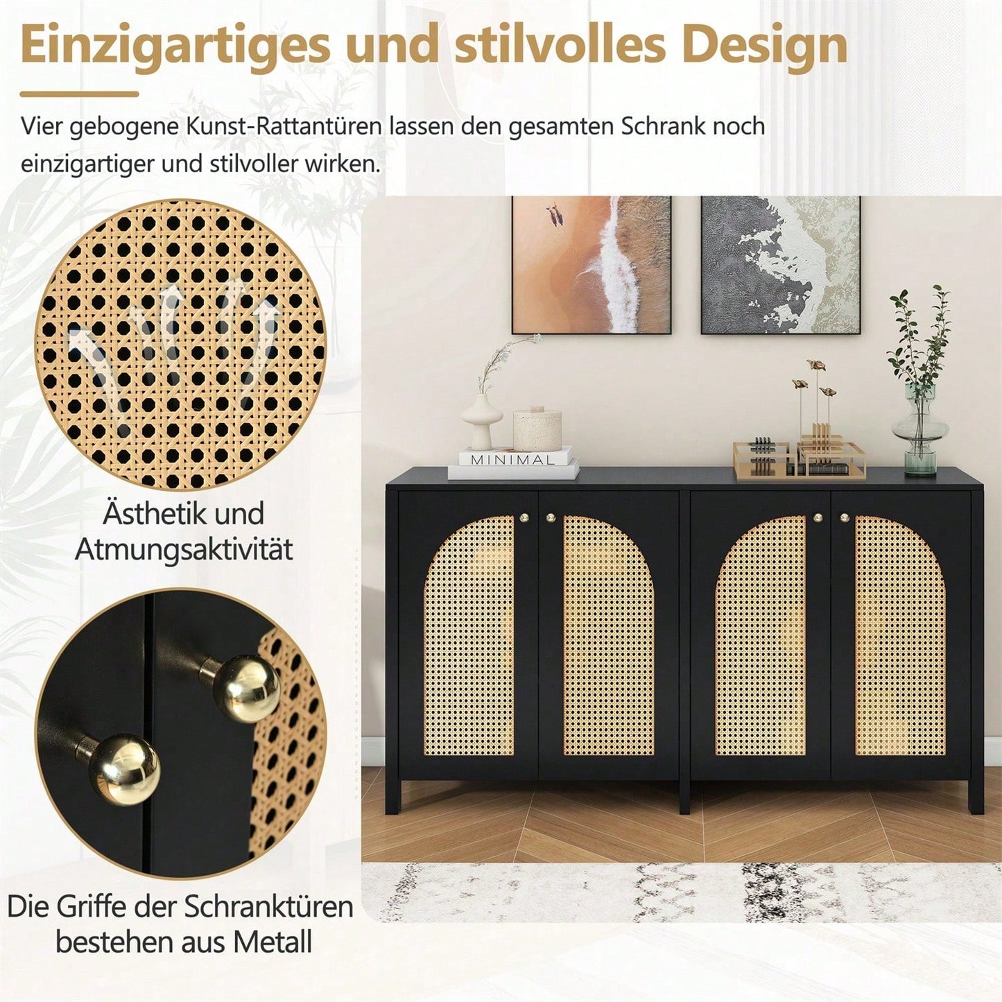 Modernes Sideboard im minimalistischen Stil 4-Rattantür, Metallgriff einfaches Buffetschrank für Esszimmer, Wohnzimmer, Küche (Naturholz)