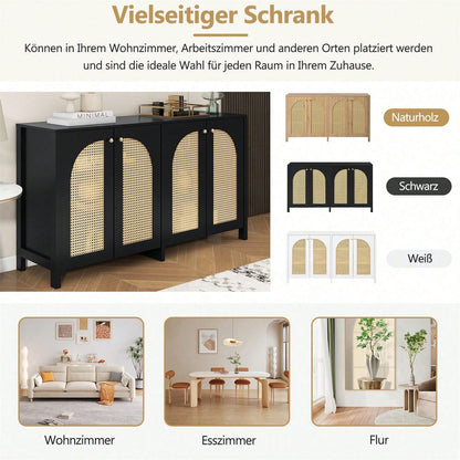 Modernes Sideboard im minimalistischen Stil 4-Rattantür, Metallgriff einfaches Buffetschrank für Esszimmer, Wohnzimmer, Küche (Naturholz)