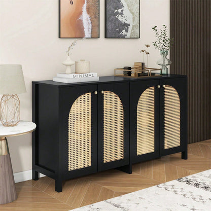 Modernes Sideboard im minimalistischen Stil 4-Rattantür, Metallgriff einfaches Buffetschrank für Esszimmer, Wohnzimmer, Küche (Naturholz)