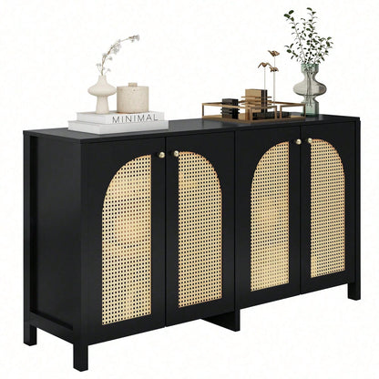 Modernes Sideboard im minimalistischen Stil 4-Rattantür, Metallgriff einfaches Buffetschrank für Esszimmer, Wohnzimmer, Küche (Naturholz)