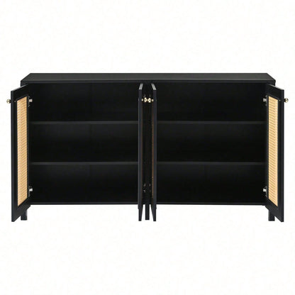 Modernes Sideboard im minimalistischen Stil 4-Rattantür, Metallgriff einfaches Buffetschrank für Esszimmer, Wohnzimmer, Küche (Naturholz)
