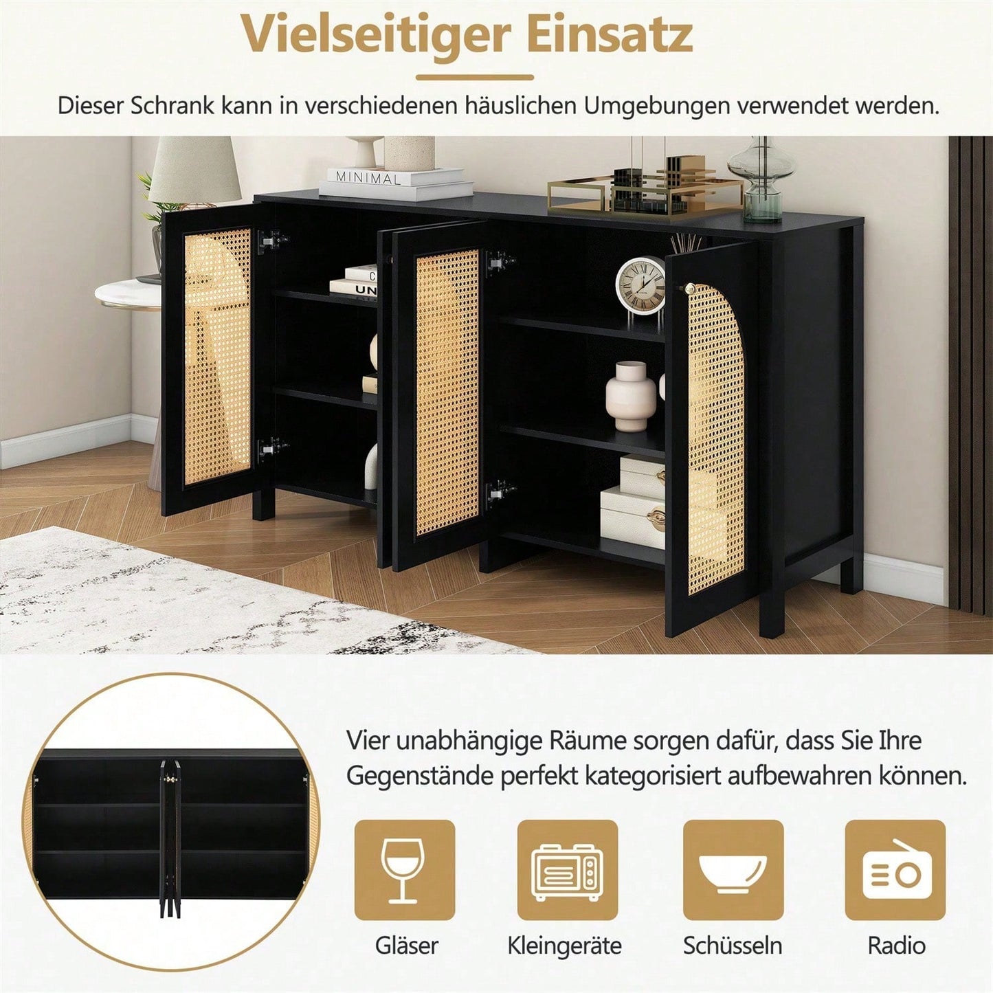 Modernes Sideboard im minimalistischen Stil 4-Rattantür, Metallgriff einfaches Buffetschrank für Esszimmer, Wohnzimmer, Küche (Naturholz)
