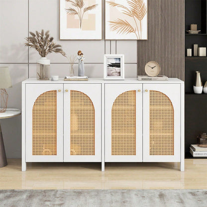 Modernes Sideboard im minimalistischen Stil 4-Rattantür, Metallgriff einfaches Buffetschrank für Esszimmer, Wohnzimmer, Küche (Naturholz)