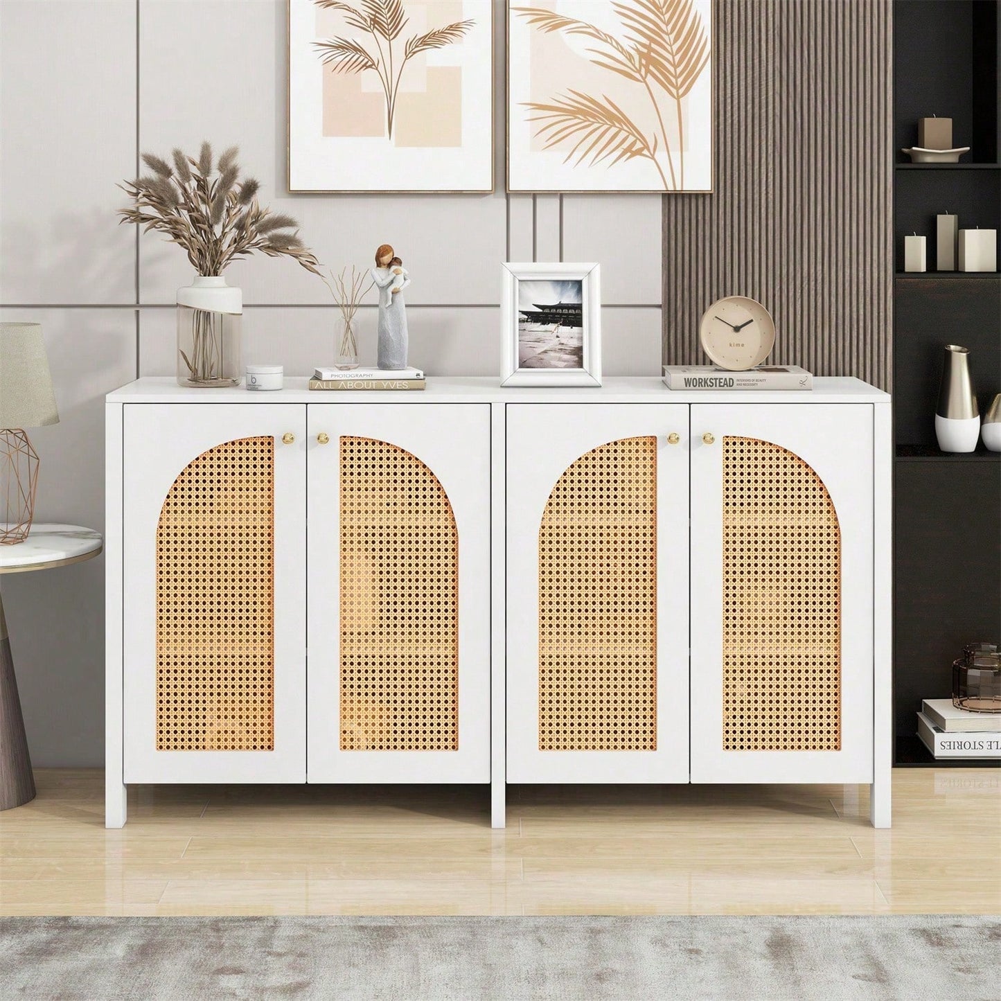 Modernes Sideboard im minimalistischen Stil 4-Rattantür, Metallgriff einfaches Buffetschrank für Esszimmer, Wohnzimmer, Küche (Naturholz)