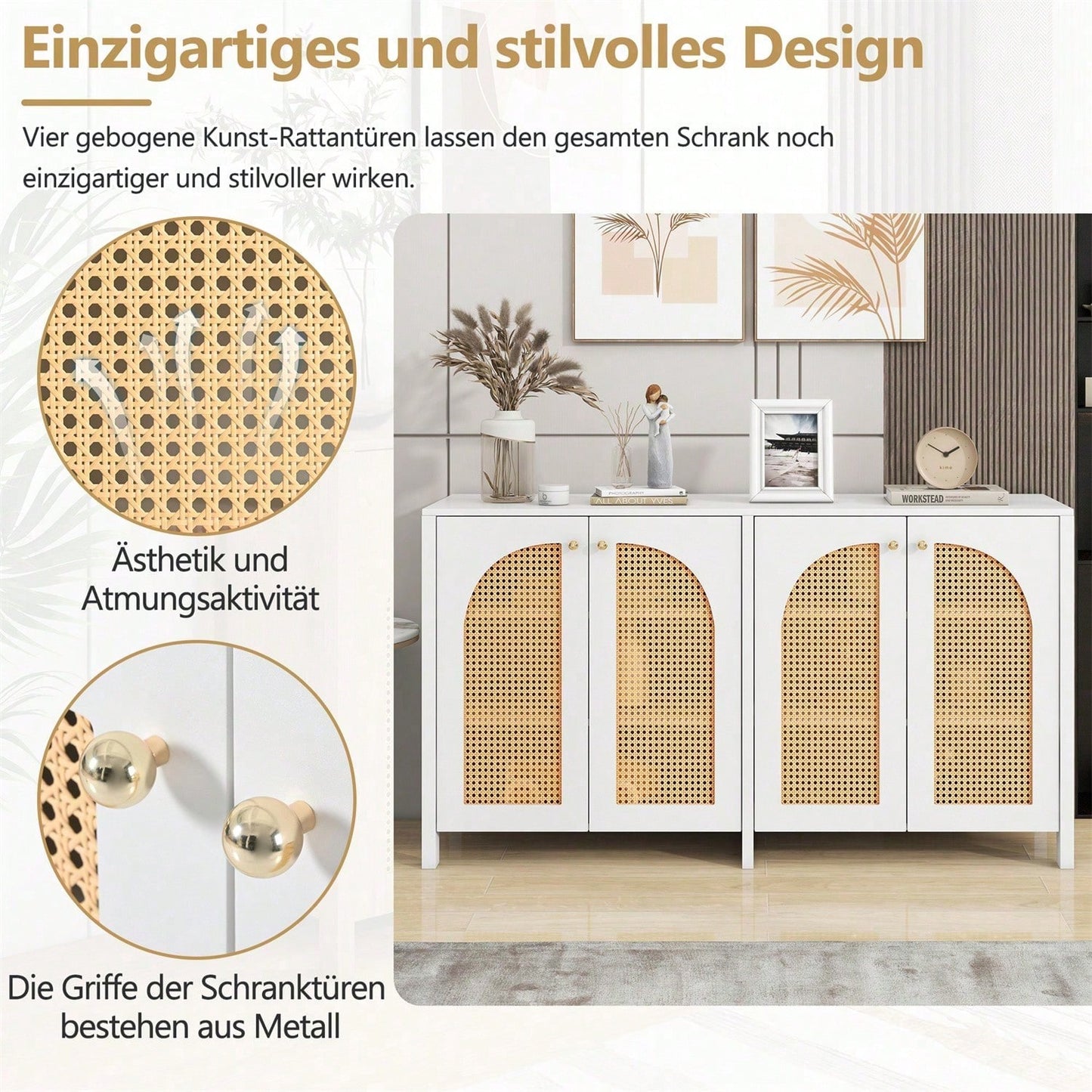 Modernes Sideboard im minimalistischen Stil 4-Rattantür, Metallgriff einfaches Buffetschrank für Esszimmer, Wohnzimmer, Küche (Naturholz)