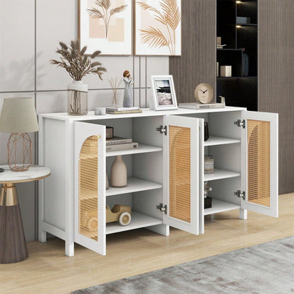 Modernes Sideboard im minimalistischen Stil 4-Rattantür, Metallgriff einfaches Buffetschrank für Esszimmer, Wohnzimmer, Küche (Naturholz)