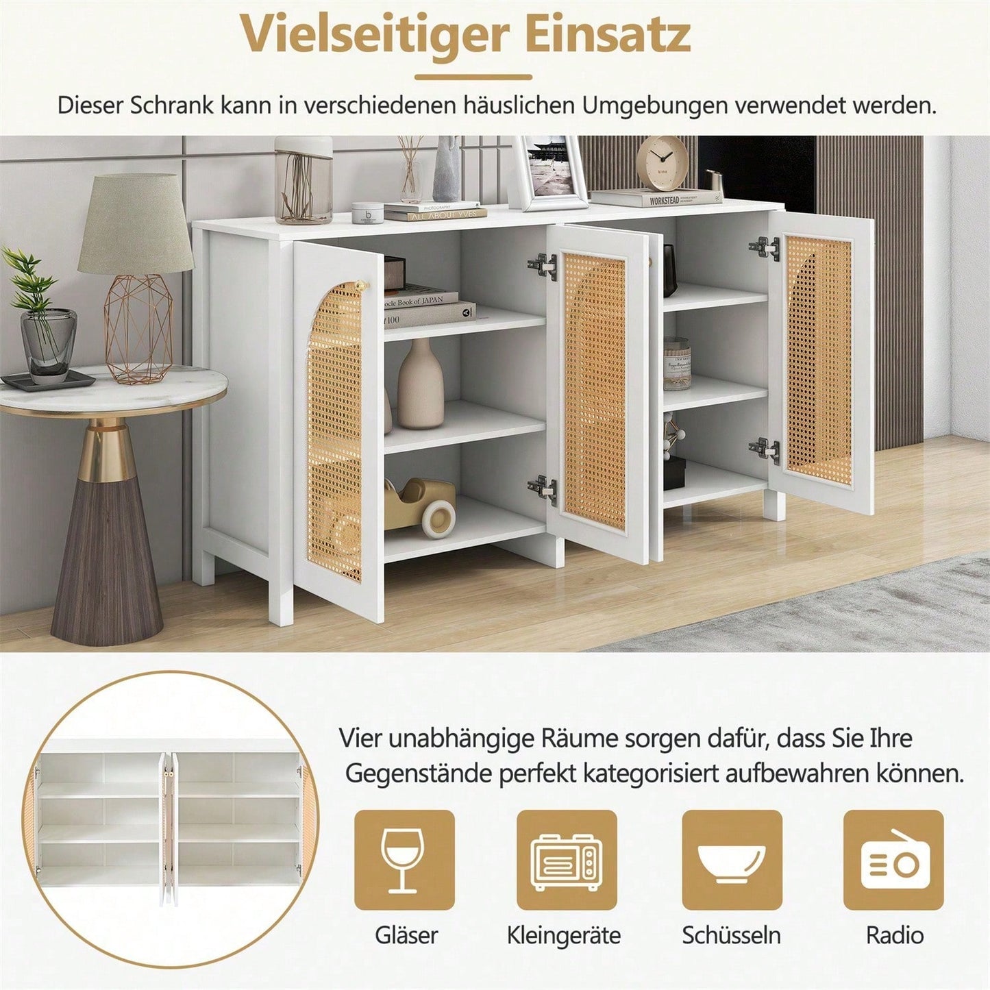 Modernes Sideboard im minimalistischen Stil 4-Rattantür, Metallgriff einfaches Buffetschrank für Esszimmer, Wohnzimmer, Küche (Naturholz)