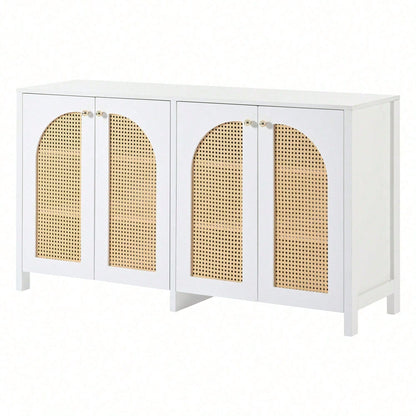 Modernes Sideboard im minimalistischen Stil 4-Rattantür, Metallgriff einfaches Buffetschrank für Esszimmer, Wohnzimmer, Küche (Naturholz)