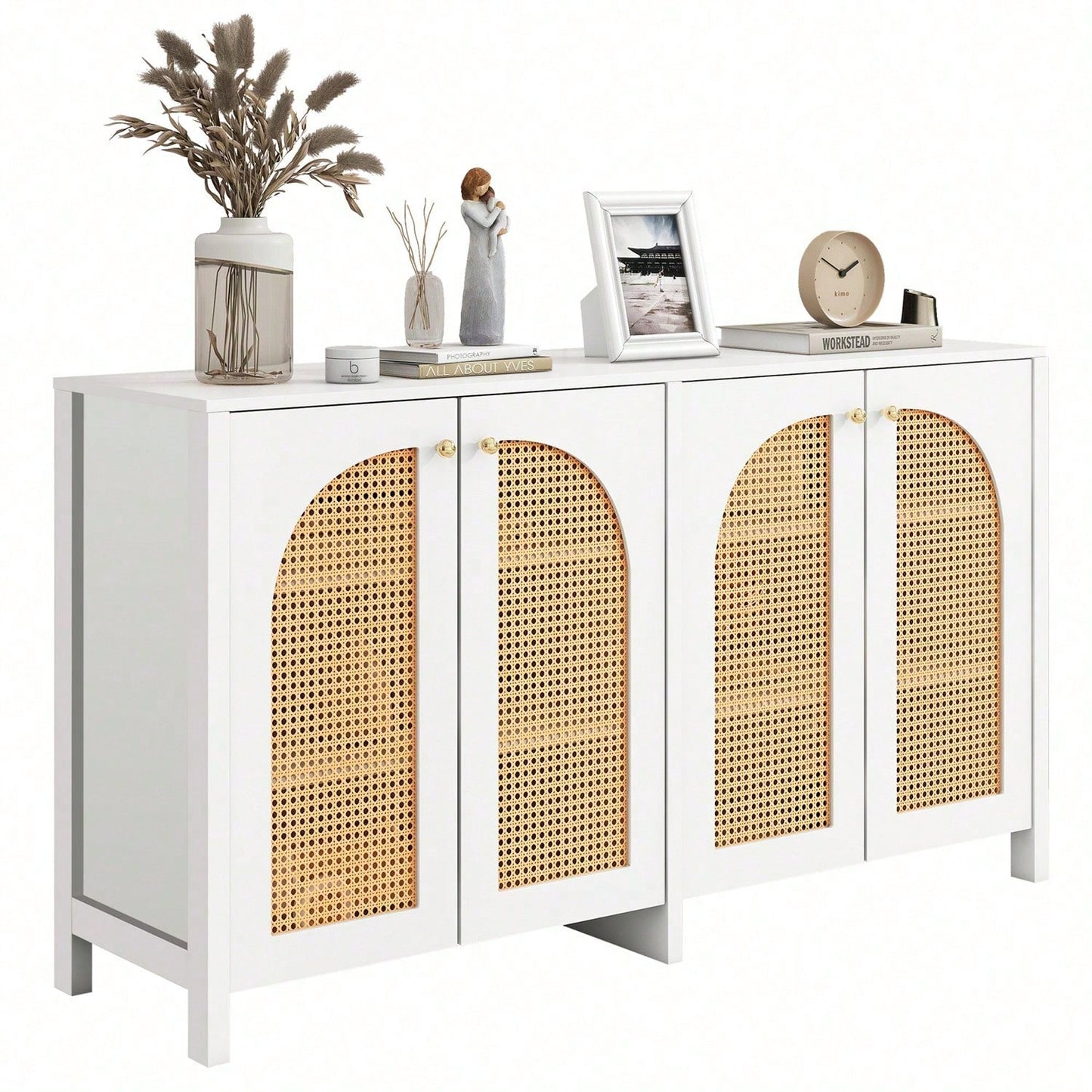 Modernes Sideboard im minimalistischen Stil 4-Rattantür, Metallgriff einfaches Buffetschrank für Esszimmer, Wohnzimmer, Küche (Naturholz)