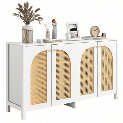 Modernes Sideboard im minimalistischen Stil 4-Rattantür, Metallgriff einfaches Buffetschrank für Esszimmer, Wohnzimmer, Küche (Naturholz)