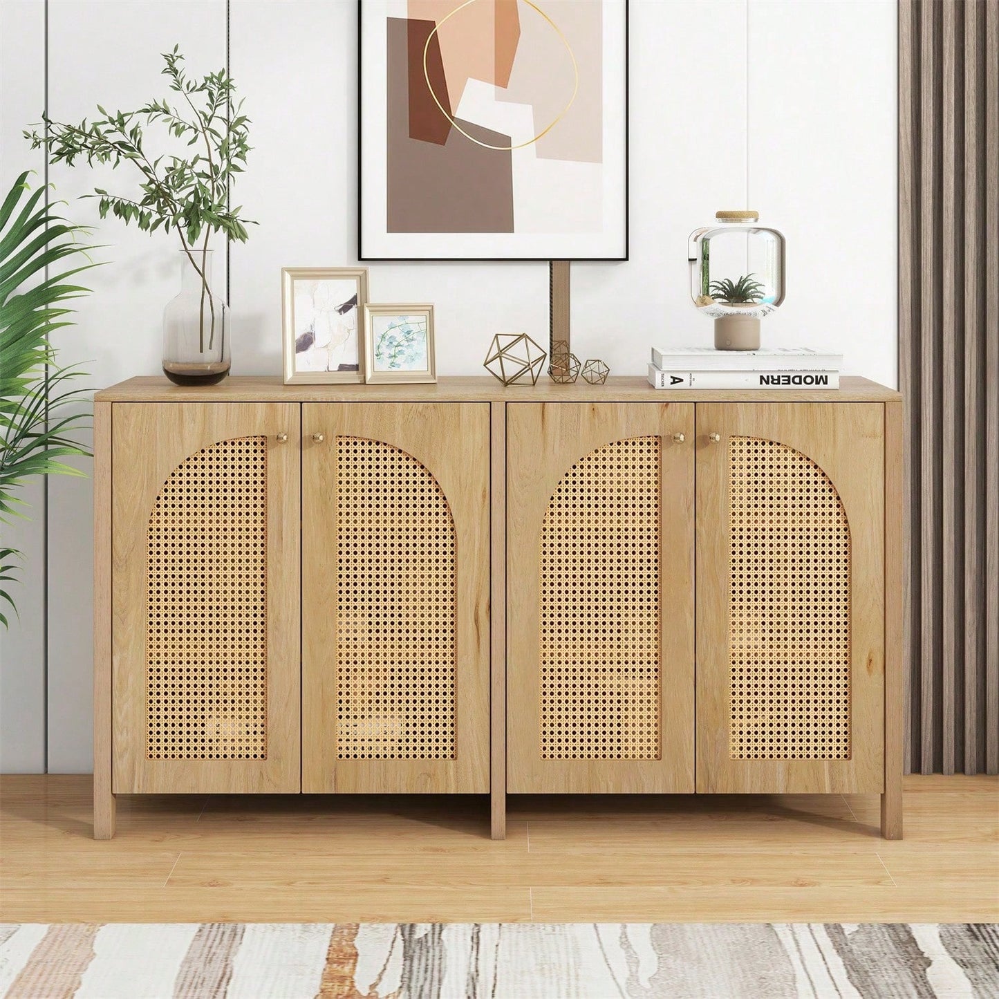 Modernes Sideboard im minimalistischen Stil 4-Rattantür, Metallgriff einfaches Buffetschrank für Esszimmer, Wohnzimmer, Küche (Naturholz)