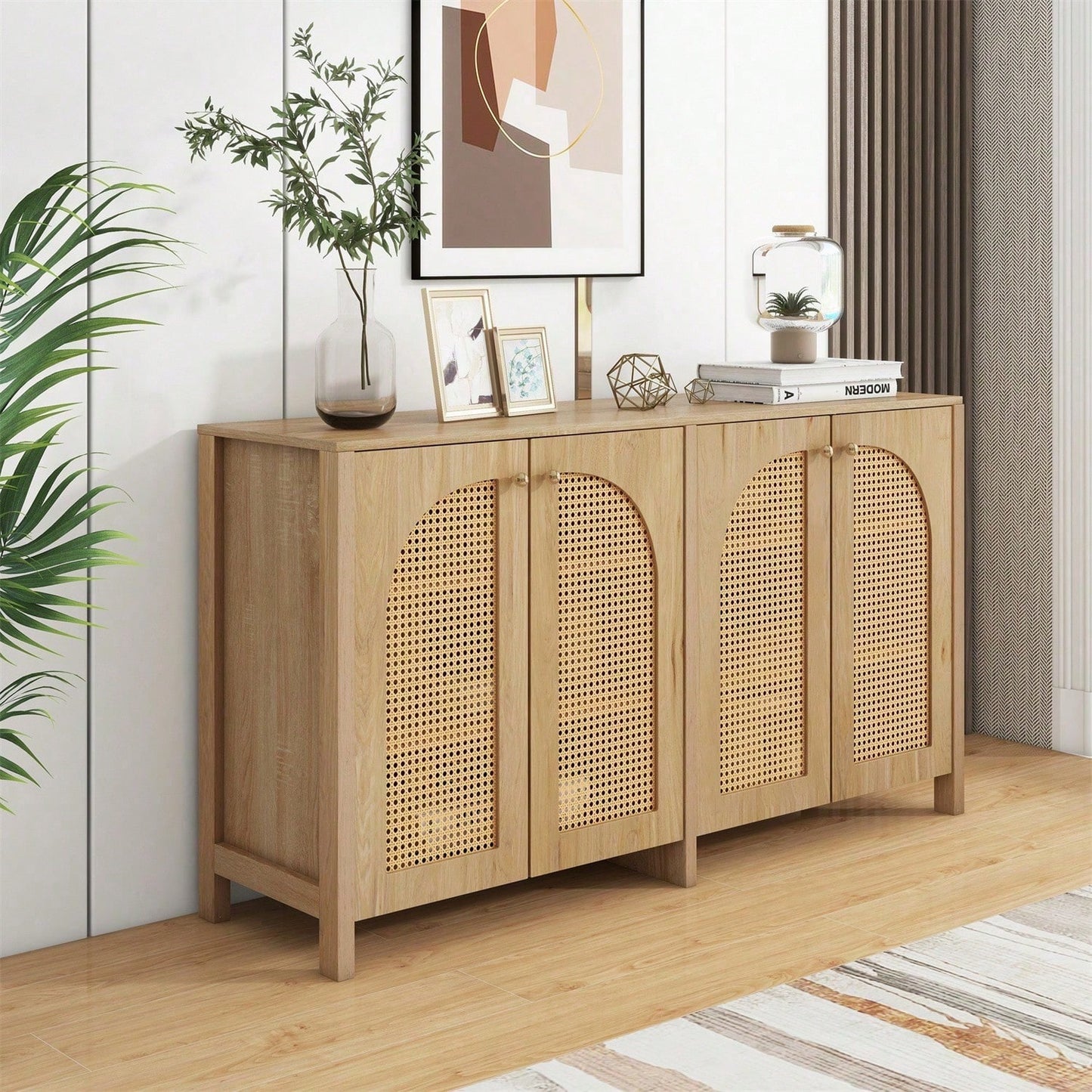 Modernes Sideboard im minimalistischen Stil 4-Rattantür, Metallgriff einfaches Buffetschrank für Esszimmer, Wohnzimmer, Küche (Naturholz)