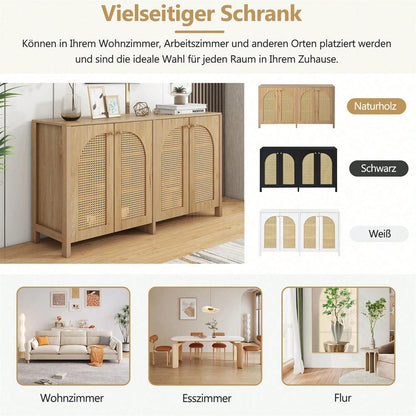 Modernes Sideboard im minimalistischen Stil 4-Rattantür, Metallgriff einfaches Buffetschrank für Esszimmer, Wohnzimmer, Küche (Naturholz)
