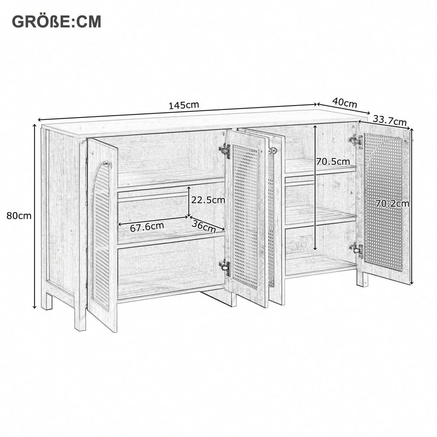 Modernes Sideboard im minimalistischen Stil 4-Rattantür, Metallgriff einfaches Buffetschrank für Esszimmer, Wohnzimmer, Küche (Naturholz)