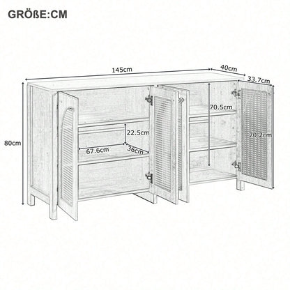 Modernes Sideboard im minimalistischen Stil 4-Rattantür, Metallgriff einfaches Buffetschrank für Esszimmer, Wohnzimmer, Küche (Naturholz)