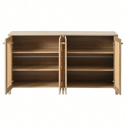 Modernes Sideboard im minimalistischen Stil 4-Rattantür, Metallgriff einfaches Buffetschrank für Esszimmer, Wohnzimmer, Küche (Naturholz)