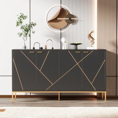 Sideboard mit vier Türen, Metallfüßen, TV-Schrank, Kleiderschrank, geradliniges Design mit Metalllinien-Dekor, Schwarz+Golden, Maße: H 80cm / B 150 cm / T 40 cm
