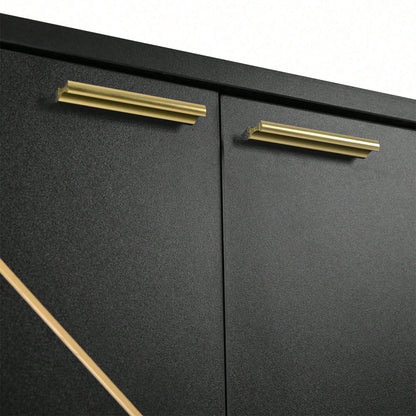 Sideboard mit vier Türen, Metallfüßen, TV-Schrank, Kleiderschrank, geradliniges Design mit Metalllinien-Dekor, Schwarz+Golden, Maße: H 80cm / B 150 cm / T 40 cm