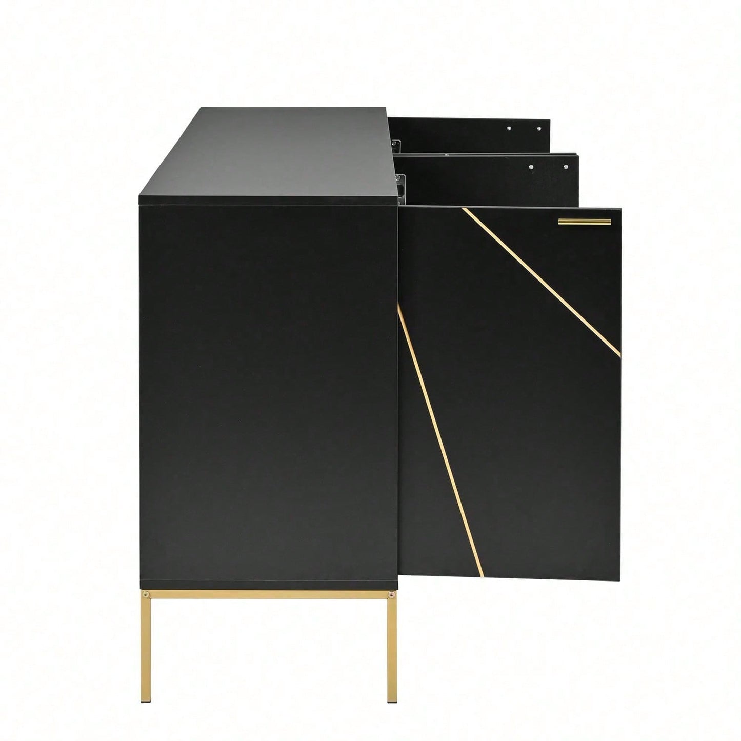 Sideboard mit vier Türen, Metallfüßen, TV-Schrank, Kleiderschrank, geradliniges Design mit Metalllinien-Dekor, Schwarz+Golden, Maße: H 80cm / B 150 cm / T 40 cm