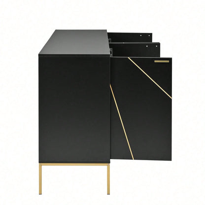 Sideboard mit vier Türen, Metallfüßen, TV-Schrank, Kleiderschrank, geradliniges Design mit Metalllinien-Dekor, Schwarz+Golden, Maße: H 80cm / B 150 cm / T 40 cm