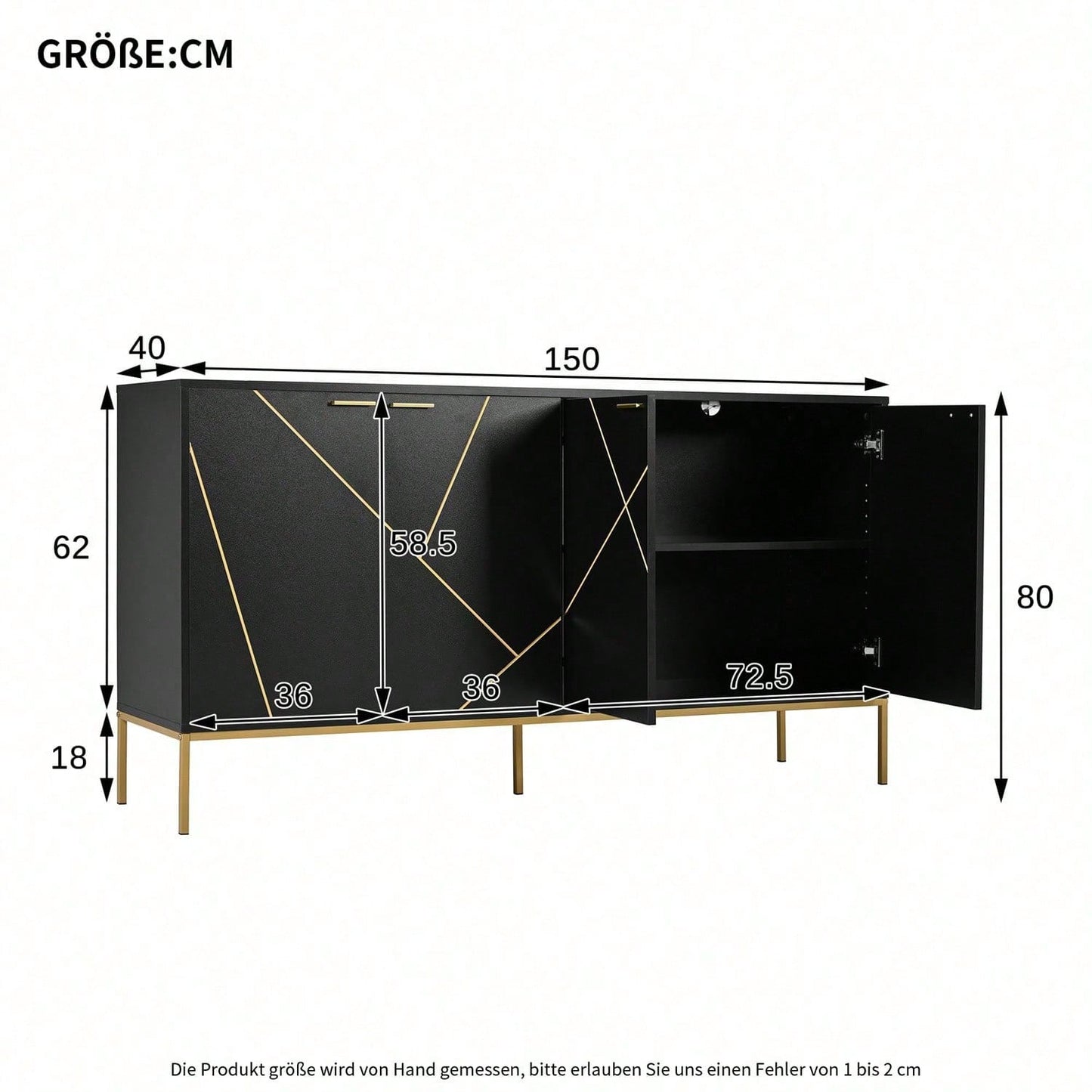 Sideboard mit vier Türen, Metallfüßen, TV-Schrank, Kleiderschrank, geradliniges Design mit Metalllinien-Dekor, Schwarz+Golden, Maße: H 80cm / B 150 cm / T 40 cm