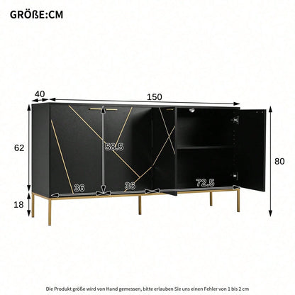 Sideboard mit vier Türen, Metallfüßen, TV-Schrank, Kleiderschrank, geradliniges Design mit Metalllinien-Dekor, Schwarz+Golden, Maße: H 80cm / B 150 cm / T 40 cm