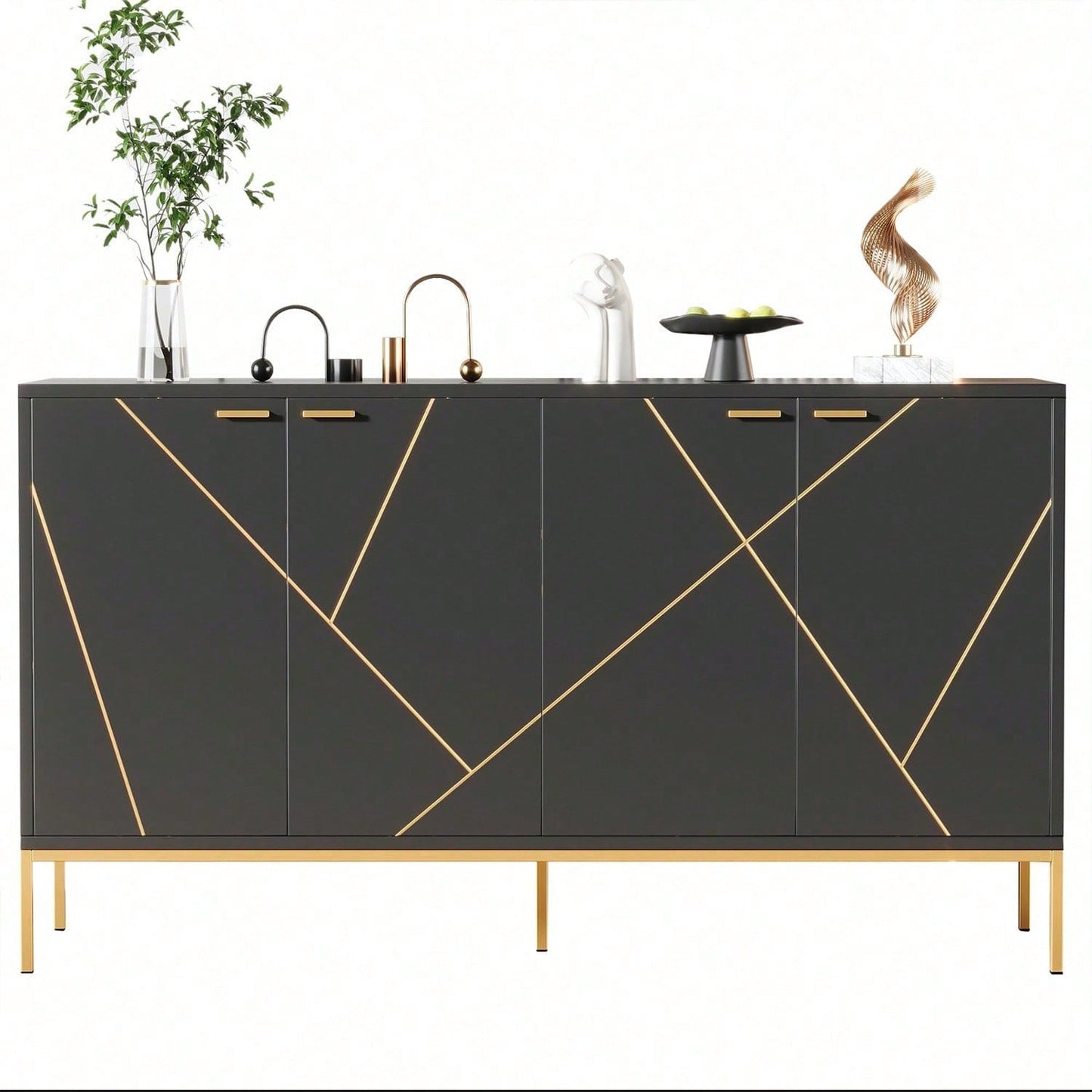 Sideboard mit vier Türen, Metallfüßen, TV-Schrank, Kleiderschrank, geradliniges Design mit Metalllinien-Dekor, Schwarz+Golden, Maße: H 80cm / B 150 cm / T 40 cm