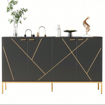 Sideboard mit vier Türen, Metallfüßen, TV-Schrank, Kleiderschrank, geradliniges Design mit Metalllinien-Dekor, Schwarz+Golden, Maße: H 80cm / B 150 cm / T 40 cm