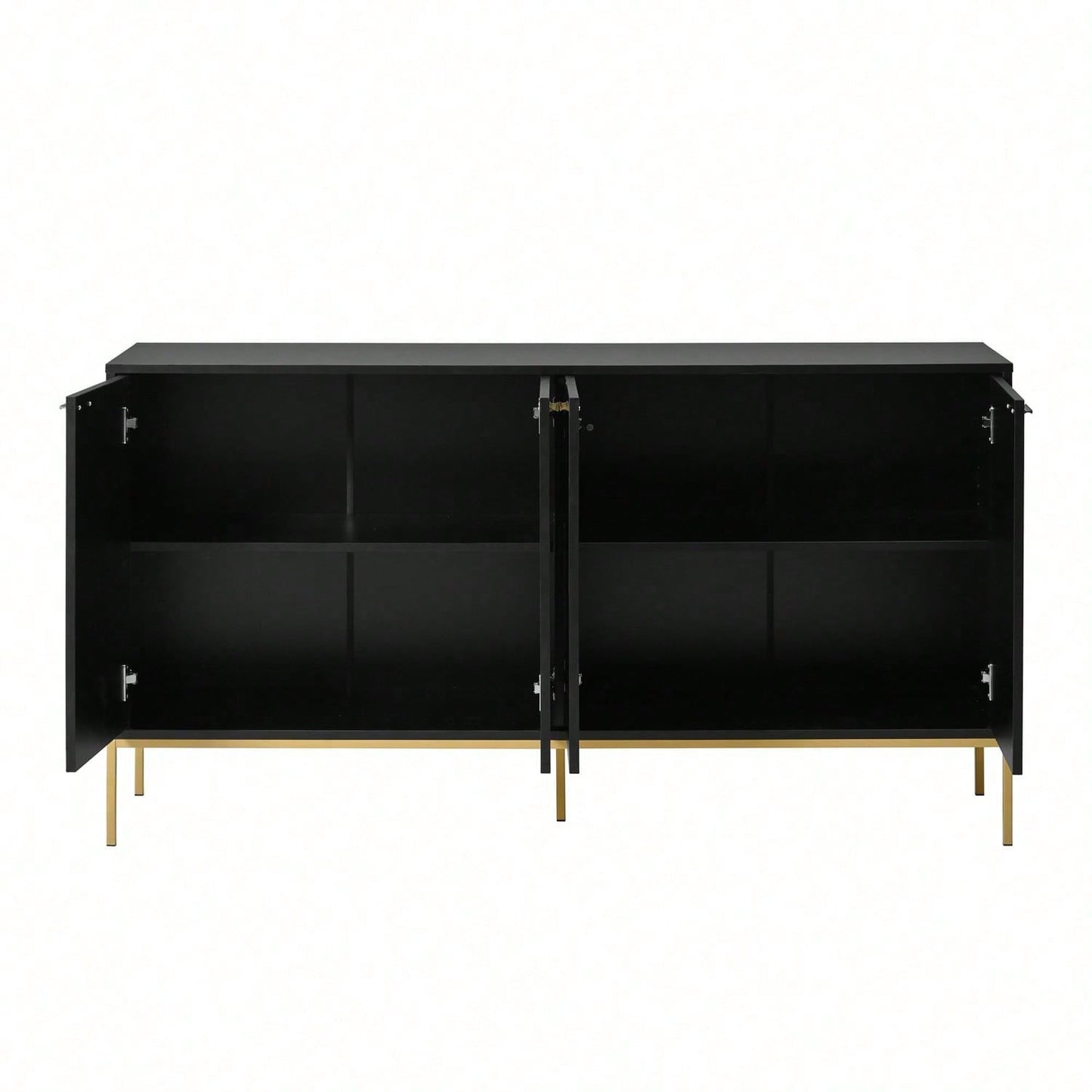 Sideboard mit vier Türen, Metallfüßen, TV-Schrank, Kleiderschrank, geradliniges Design mit Metalllinien-Dekor, Schwarz+Golden, Maße: H 80cm / B 150 cm / T 40 cm