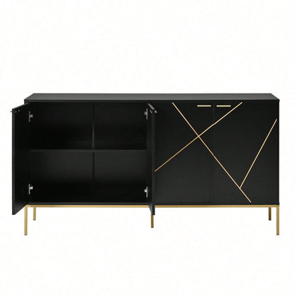 Sideboard mit vier Türen, Metallfüßen, TV-Schrank, Kleiderschrank, geradliniges Design mit Metalllinien-Dekor, Schwarz+Golden, Maße: H 80cm / B 150 cm / T 40 cm