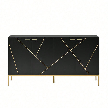 Sideboard mit vier Türen, Metallfüßen, TV-Schrank, Kleiderschrank, geradliniges Design mit Metalllinien-Dekor, Schwarz+Golden, Maße: H 80cm / B 150 cm / T 40 cm
