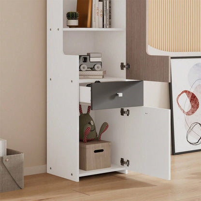 Hohes Bücherregal, Teenager-Regal mit L-förmigen Tür, mit Schublade, Aufbewahrungsschränke, Türen mit Scharnieren, mit quadratische Metallknöpfe, MDF, Weiß + helle Ulmefarbe + Grau