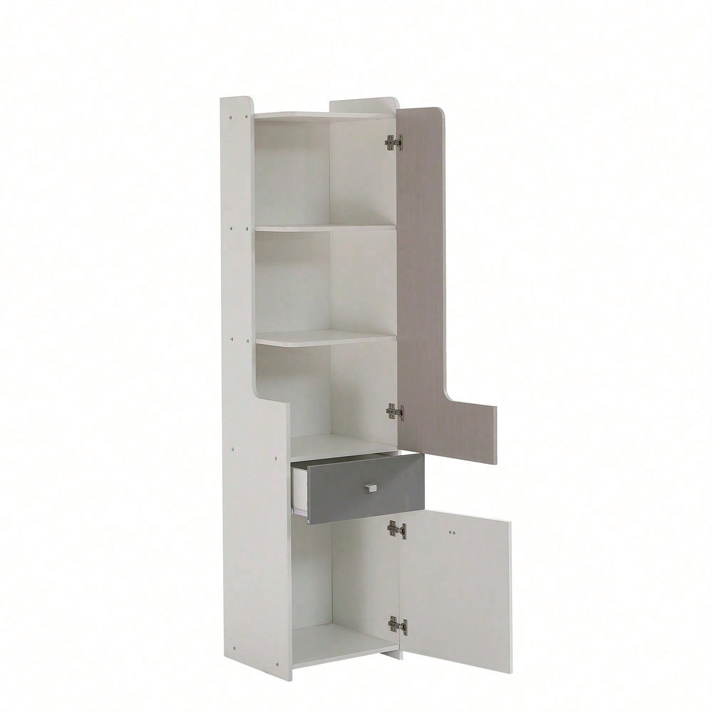 Hohes Bücherregal, Teenager-Regal mit L-förmigen Tür, mit Schublade, Aufbewahrungsschränke, Türen mit Scharnieren, mit quadratische Metallknöpfe, MDF, Weiß + helle Ulmefarbe + Grau