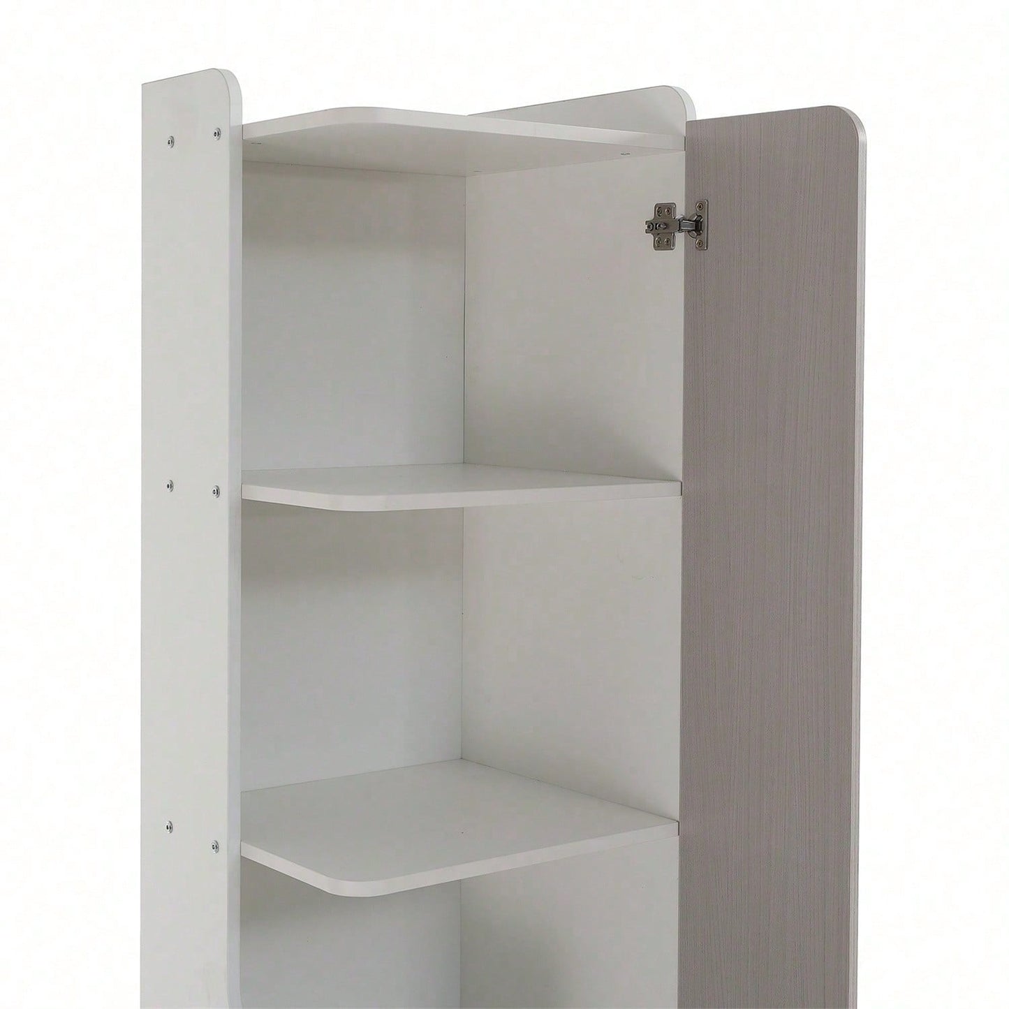 Hohes Bücherregal, Teenager-Regal mit L-förmigen Tür, mit Schublade, Aufbewahrungsschränke, Türen mit Scharnieren, mit quadratische Metallknöpfe, MDF, Weiß + helle Ulmefarbe + Grau