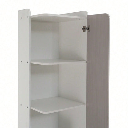 Hohes Bücherregal, Teenager-Regal mit L-förmigen Tür, mit Schublade, Aufbewahrungsschränke, Türen mit Scharnieren, mit quadratische Metallknöpfe, MDF, Weiß + helle Ulmefarbe + Grau