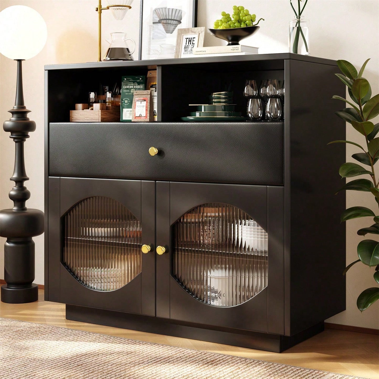 Küchenschrank, Sideboard mit Glastüren, Aufbewahrungsschrank, Buffetschrank für Küche, Esszimmer und Wohnzimmer, Modernes schwarzes Sideboard, 100*40*90.5cm