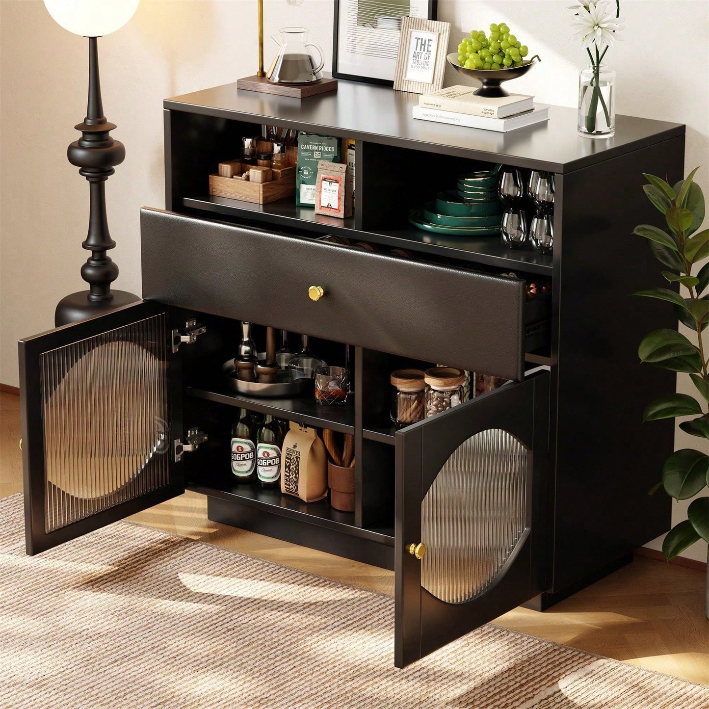 Küchenschrank, Sideboard mit Glastüren, Aufbewahrungsschrank, Buffetschrank für Küche, Esszimmer und Wohnzimmer, Modernes schwarzes Sideboard, 100*40*90.5cm