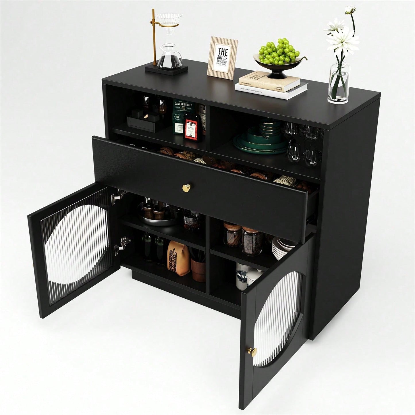 Küchenschrank, Sideboard mit Glastüren, Aufbewahrungsschrank, Buffetschrank für Küche, Esszimmer und Wohnzimmer, Modernes schwarzes Sideboard, 100*40*90.5cm