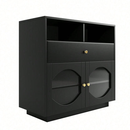 Küchenschrank, Sideboard mit Glastüren, Aufbewahrungsschrank, Buffetschrank für Küche, Esszimmer und Wohnzimmer, Modernes schwarzes Sideboard, 100*40*90.5cm